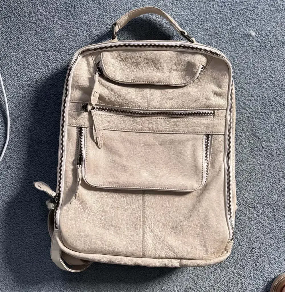Free People East End Leather Laptop Backpack Off White Cream Beige